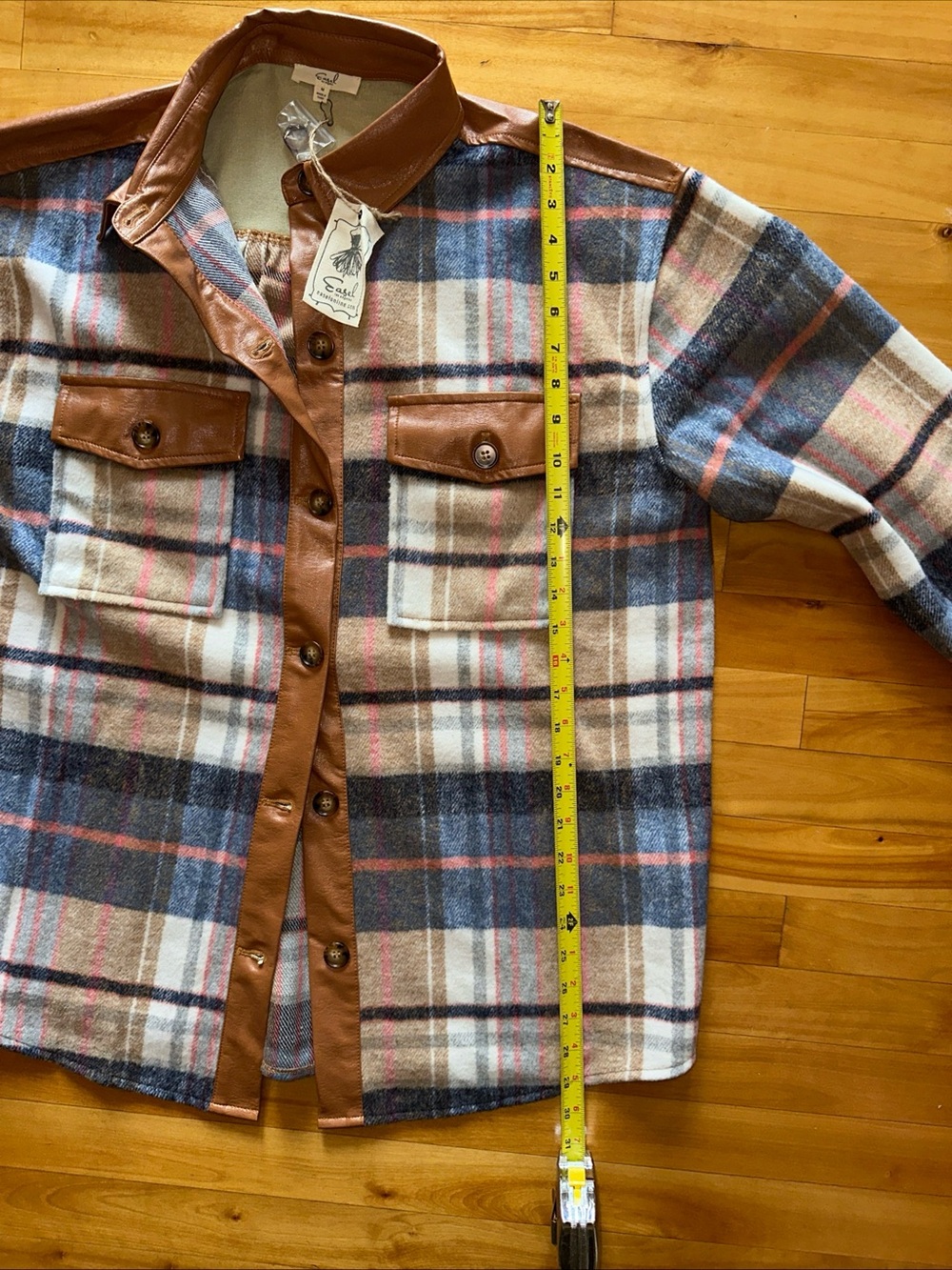 easel Brown Faux Leather Trim Plaid Jacket with Blue and Pink Accents - Picture 8 of 10